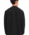 Back view of Mens Scrub Jacket With Snap Front And Three Pockets Knit Cuffs Fade Resistant Two Way Stretch Fabric Cell Pocket.
