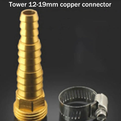 Tower 12-19mm copper connector with hose clamp for garden irrigation systems, securing water flow effectively.