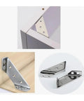 Heavy Duty Trapezoid Corner Brackets For Shelving And Cupboards Beefed Up Steel Angle Support Clips showcasing installation on wood and cabinets.