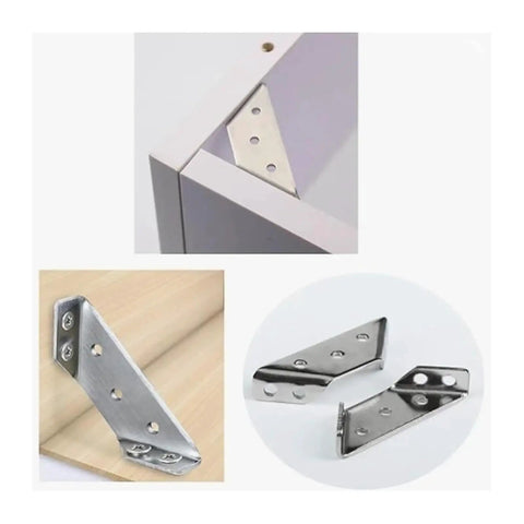 Heavy Duty Trapezoid Corner Brackets For Shelving And Cupboards Beefed Up Steel Angle Support Clips showcasing installation on wood and cabinets.