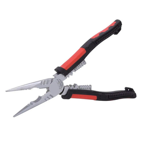 7 In 1 Pro Grade Workhorse Multifunction Needle Nose Pliers Wire Stripping Tool With Cutting Crimping Clamping And Nut Handling For Electrical Work Automotive Repairs And DIY Projects In Premium Chrome Vanadium Steel angled open view