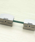 Close-up of stainless steel glass door hinge pivot clamps for bathroom cabinets and showcases, soft close, heavy duty 6-8.76mm and 5-8mm fits.