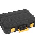 Black plastic toolbox with yellow handle from the 198 Piece Household Tool Kit With Plastic Toolbox, Pro Grade Chrome Finish Tools For Homeowners And DIY Enthusiasts.