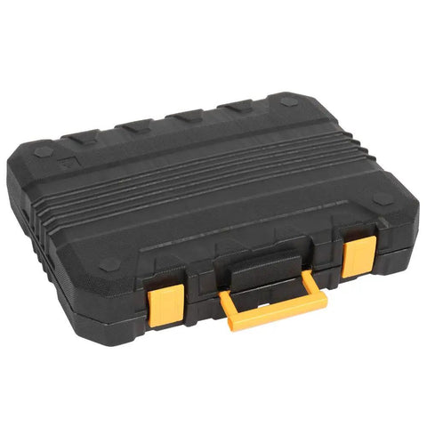 Black plastic toolbox with yellow handle from the 198 Piece Household Tool Kit With Plastic Toolbox, Pro Grade Chrome Finish Tools For Homeowners And DIY Enthusiasts.