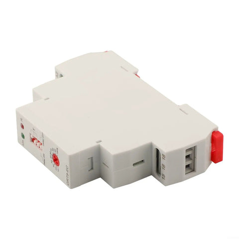 Pro Grade Adjustable Time Relay For Automation Panels With Delay From 0.1 Seconds To 10 Days Dual 230 Volt AC And 24 Volt DC Input 10 Amp Output LED Indicator Din Rail Mount Ready For Control Panels, white plastic DIN rail module
