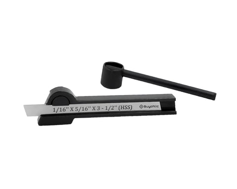 Straight Shank Lathe Parting Tool Holder With HSS Blade, black handle, blade size 1/16 x 5/16 x 3-1/2 inches visible