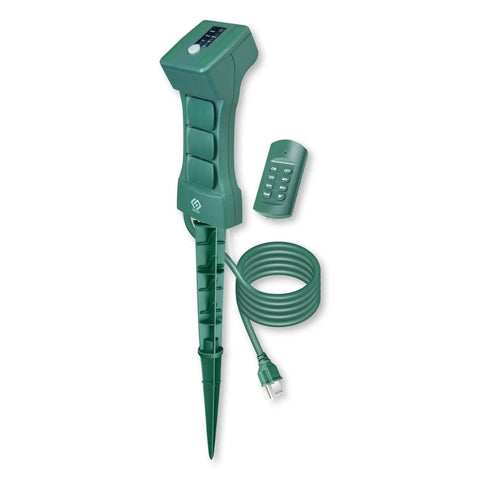 Heavy Duty Outdoor Power Stake With Remote Timer And Photocell Sensor Three Grounded Weatherproof Outlets For Christmas Decorations Plug And Play No Fuss Setup With Long Range Wireless Controller And Ul Certified Build.