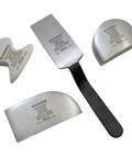 Set of ice crushers with metal blades and black handles, various shapes for efficiency.