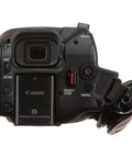 Rear view of HF G70 4K Camcorder with 20x optical zoom, 1/2.3-inch CMOS sensor, dual SD slots, HDMI, in black.