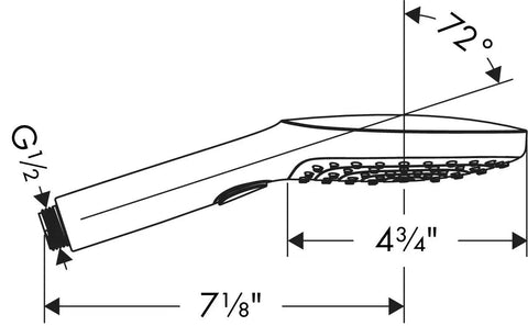 Diagram of Raindance Select 120 Handheld Showerhead With 3 Spray Modes And 2.5 GPM Water Flow Chrome Finish showing dimensions.