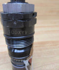 Close-up of Single pilot-operated pressure relief valve DB20K2-12/100XYV 100 bar hydraulic safety regulator, compact design.