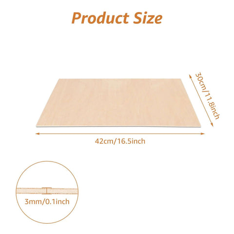 Baltic Birch plywood sheet, front view, 16.5 x 11.8 in, 3 mm thick, unfinished for arts and crafts