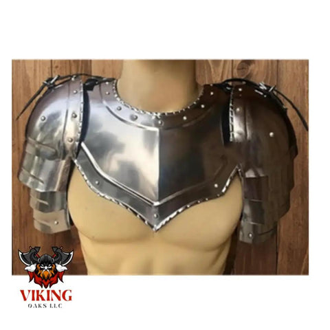 Gothic Steel Gorget With Pauldrons Shoulder Guard Set For LARP And SCA Knights, silver armor on torso, polished steel