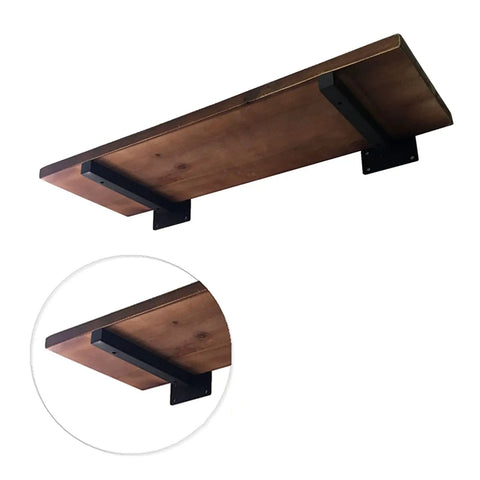 Tough As Nails Dual Pack Wall Mounted Floating Shelf Brackets In Industrial Black with wooden shelf and black supports.