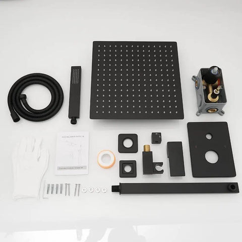 Matte Black 12 Inch Shower System With Rainfall Head And Handheld, Wall Mounted Luxury Shower Faucet Kit, full set components