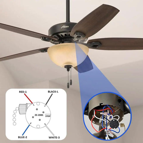 Ceiling Fan Pull Chain Switch 3 Speed 4 Wire Replacement Part ZE208s Model Bronze Chain No Fuss Off High Medium Low 6A 125VAC 3A 250VAC With Preinstalled Wires Easy Fan Light Switch Replacement diagram with wiring detail.