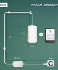 Dimensions of Solid Aluminum Hanging Grow Light For Houseplants 40W, 15ft cord, timer, 7 inch height and 4 inch diameter.