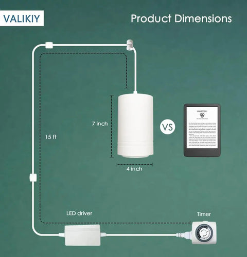 Dimensions of Solid Aluminum Hanging Grow Light For Houseplants 40W, 15ft cord, timer, 7 inch height and 4 inch diameter.