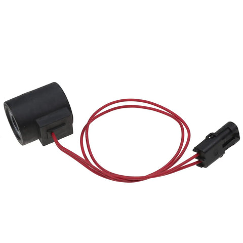 Black 12V Solenoid Valve Coil For Hydraforce Stems 10 12 16 38 58 Series 5 Eighth Inch Hole Drop In Replacement Part 6359412 with red wires.