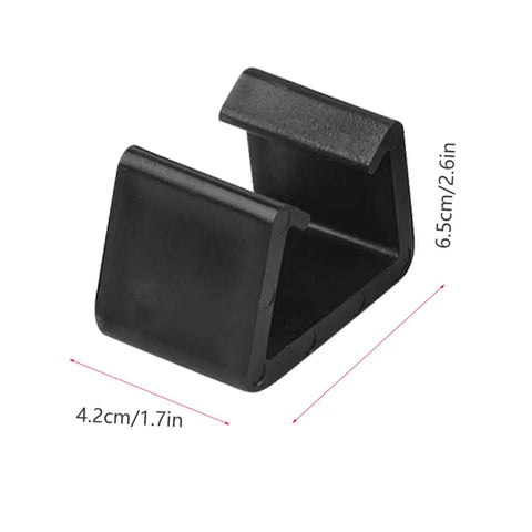 Black plastic Eight Pack Outdoor Wicker Furniture Clip, Garden Sofa And Chair Alignment Fastener, shown with dimensions.