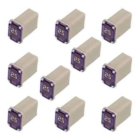 10 pieces of 25A fuses from 50 Pack Must Have Automotive Mini Box Cartridge Fuse Kit For Cars Trucks And SUVs With 15A 20A 25A 30A 40A Each 10 Pieces Universal Vehicle Electrical Protection And Easy Replacement Fuse Set