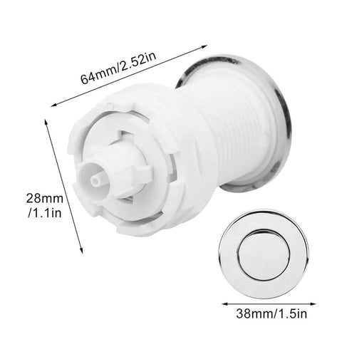 Pressure Bath Switch Push Button For Garbage Disposal And Tub Spa Massage, Sink Top Air Switch 28mm White Easy Install Durable ABS Housing With Stainless Steel Spring Perfect Countertop Mount, dimensions labeled in mm/inches.