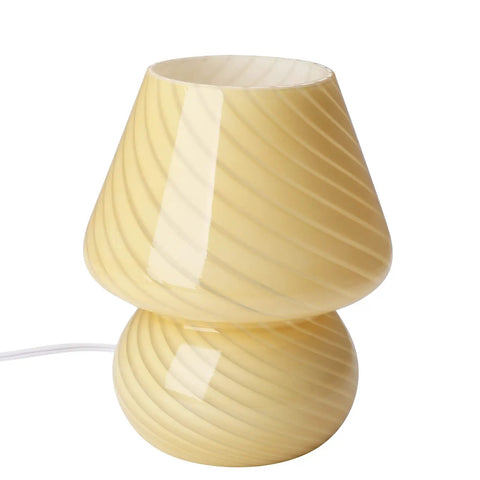 Yellow Glass Mushroom Bedside Lamp With Vintage Murano Stripe Compact Nightstand Desklamp For Cozy Home Decor Bedroom Living Room Gift Idea Warm White LED Glow