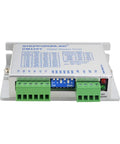 DM420Y digital stepper motor driver, front view with green terminal blocks and blue DIP switch panel