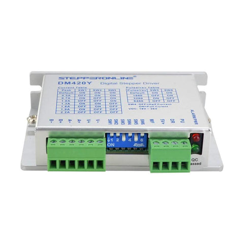 DM420Y digital stepper motor driver, front view with green terminal blocks and blue DIP switch panel