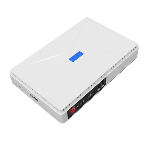 Mini UPS Battery Backup For WiFi Router And Modem Featuring A Robust 8800mAh Lithium Pack, compact white design with power ports.