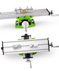 Rock Solid Mini Milling Machine Worktable With Slick Compound Drill Slide Table And Heavy Duty Multifunction Vise Fixture For Bench Drill X Y Axis Precision, aluminum device with green base.