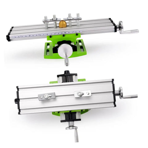 Rock Solid Mini Milling Machine Worktable With Slick Compound Drill Slide Table And Heavy Duty Multifunction Vise Fixture For Bench Drill X Y Axis Precision, aluminum device with green base.