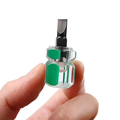Close-up of Ultra Short Sewing Machine Screwdriver Set With Flat Head And Phillips Bits For Tight Spots Great For Sewing Projects With Clear Plastic Handles And A Six Slot Grip For Easy Torque