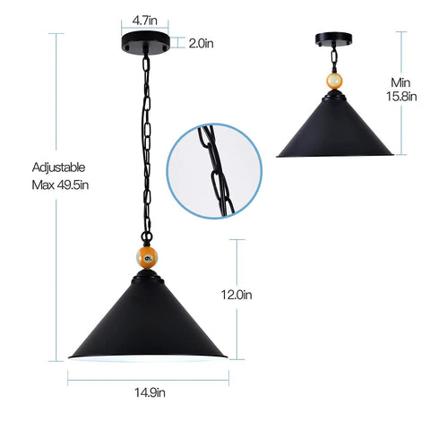 15 Inch Extra Large 3-Light Pool Table Hanging Light With Matte Metal Shades And Billiard Ball Accents, Adjustable Height diagram