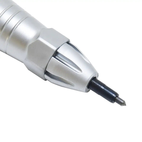 Close-up of Industrial Grade Pneumatic Scribe Air Engraving Pen featuring carbide tip for precise fossil cleanup.