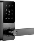 Absolute Game Changer Smart Door Lock Featuring Fingerprint Keypad Bluetooth App Control And Keyless Code Entry close-up view of black keypad with handle.