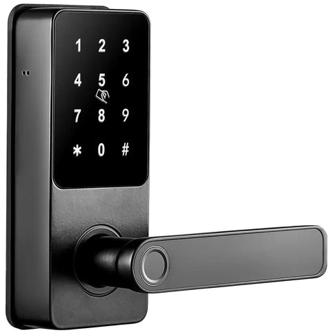 Absolute Game Changer Smart Door Lock Featuring Fingerprint Keypad Bluetooth App Control And Keyless Code Entry close-up view of black keypad with handle.