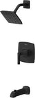 All In One Tub And Shower Trim Kit With Valve And Cartridge Included 1 Handle Rain Shower Head Tub Spout Matte Black Finish Water Saver Easy Install Bathroom Upgrade, showing square rain shower head, lever handle, and tub spout.