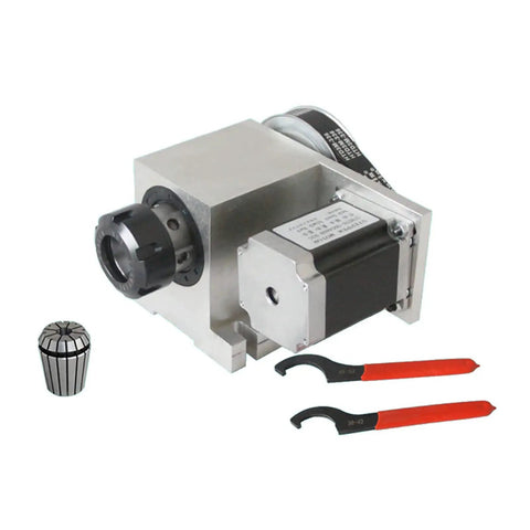 Heavy Duty Cnc Rotary Axis Four Axis Attachment With Er32 Collet Chuck And 65Mm Center Height For Woodworking Engraving Machines, shown with collet and wrenches.