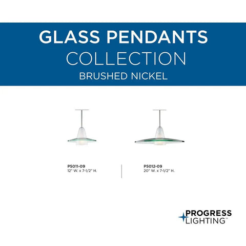 Sleek Modern Glass Pendant Light 1 Light With Brushed Nickel Finish displayed in 12" and 20" sizes, Progress Lighting collection.
