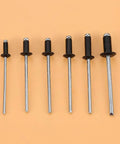 Assorted sizes of aluminum blind rivets in 120 Piece Aluminum Blind Rivet Kit With Smooth Mandrels, M2.4 through M4.0 for DIY use