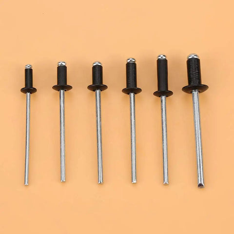 Pro Grade Aluminum Blind Rivet Kit With Storage Case 120 Pieces In Six Sizes M2.4x6mm to M4.0x8mm showing six rivet sizes