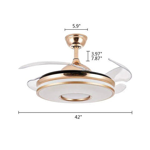 Retractable Gold Ceiling Fan With Light And Invisible Blades, 42 Inch Crystal Chandelier LED Lamp, dimensions shown, view from below.