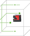 Built Tough Green Beam Cross Line Level With Razor Sharp Point Laser showing intersecting lines in a 3D layout design.