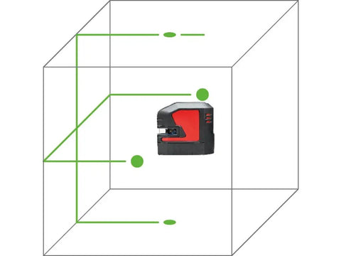 Built Tough Green Beam Cross Line Level With Razor Sharp Point Laser showing intersecting lines in a 3D layout design.
