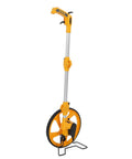 CFTGIW Measuring Wheel Portable Accurate 0-9999.9m Double Folding Tool for, yellow plastic and metal design, side view.