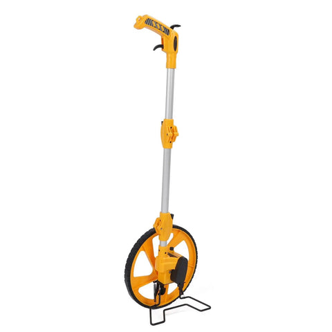 Jauarta Foldable Accurate Measuring Wheel for Work Projects 0-9999.9m, yellow and aluminum design, standing upright.