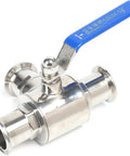 Built Like A Tank Stainless Steel 3 Way Tri Clamp Ball Valve With PTFE Seal, 1.5 inch size with blue handle for easy operation.