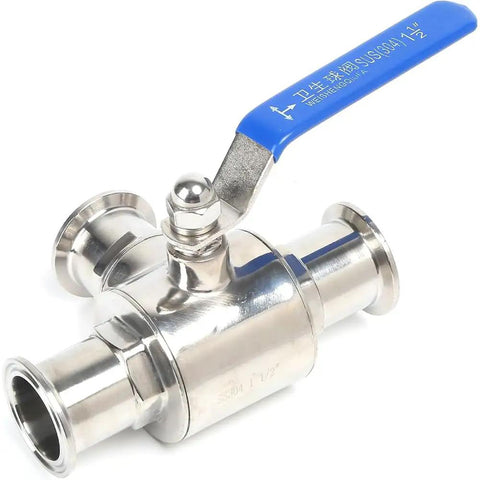 Built Like A Tank Stainless Steel 3 Way Tri Clamp Ball Valve With PTFE Seal, 1.5 inch size with blue handle for easy operation.