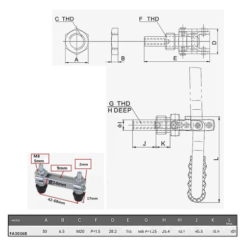 Beefy Push Pull Toggle Clamp With Double Head And Quick Release Heavy Duty 39Mm Stroke 136 Kg Clamping Force For Welding And Fixtures Dual Pressure Heads With Rubber Pads For Vertical Or Horizontal Hold technical drawing